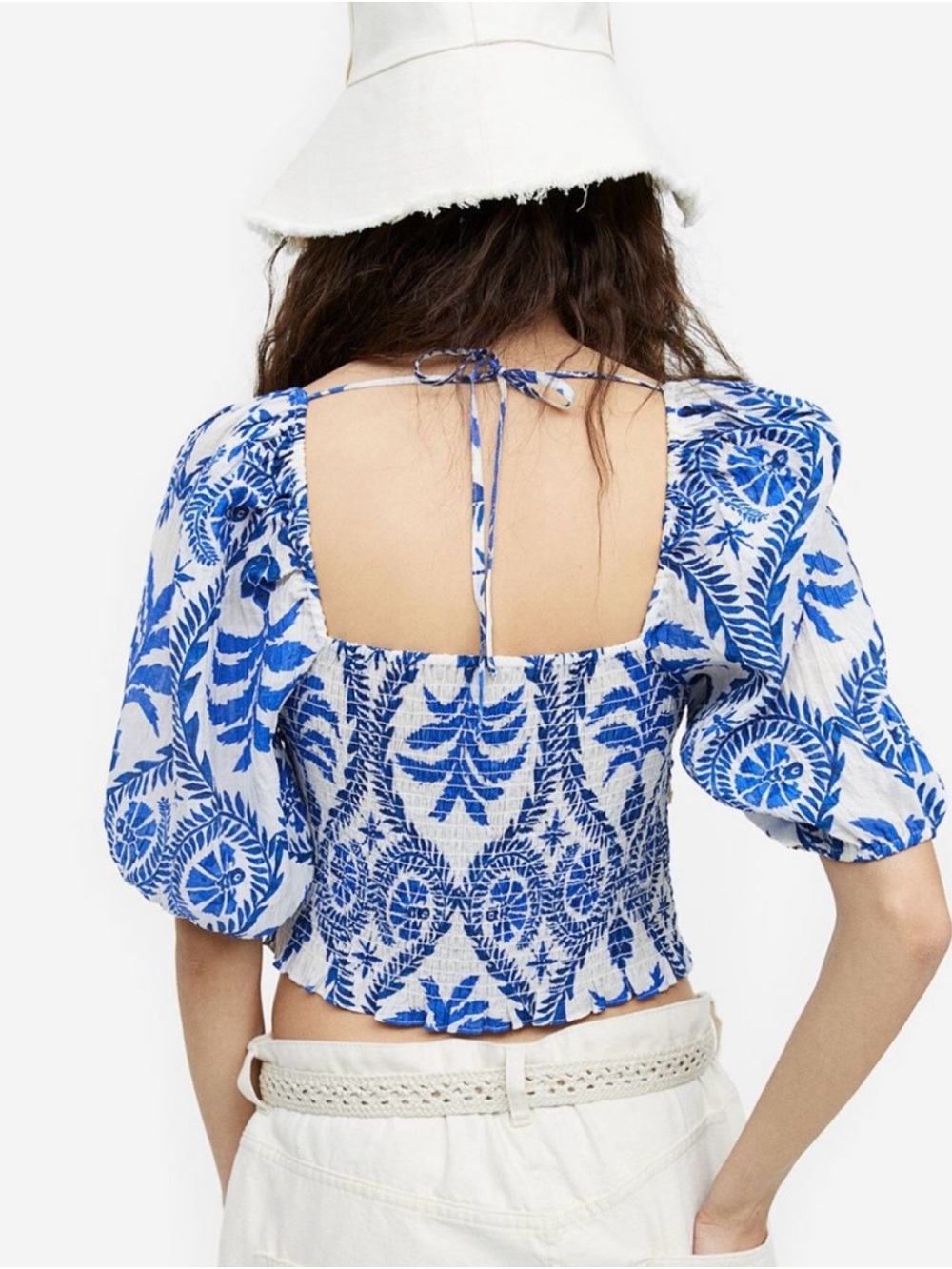 H&M Blue and White Smocked Puff-Sleeve Crop Top